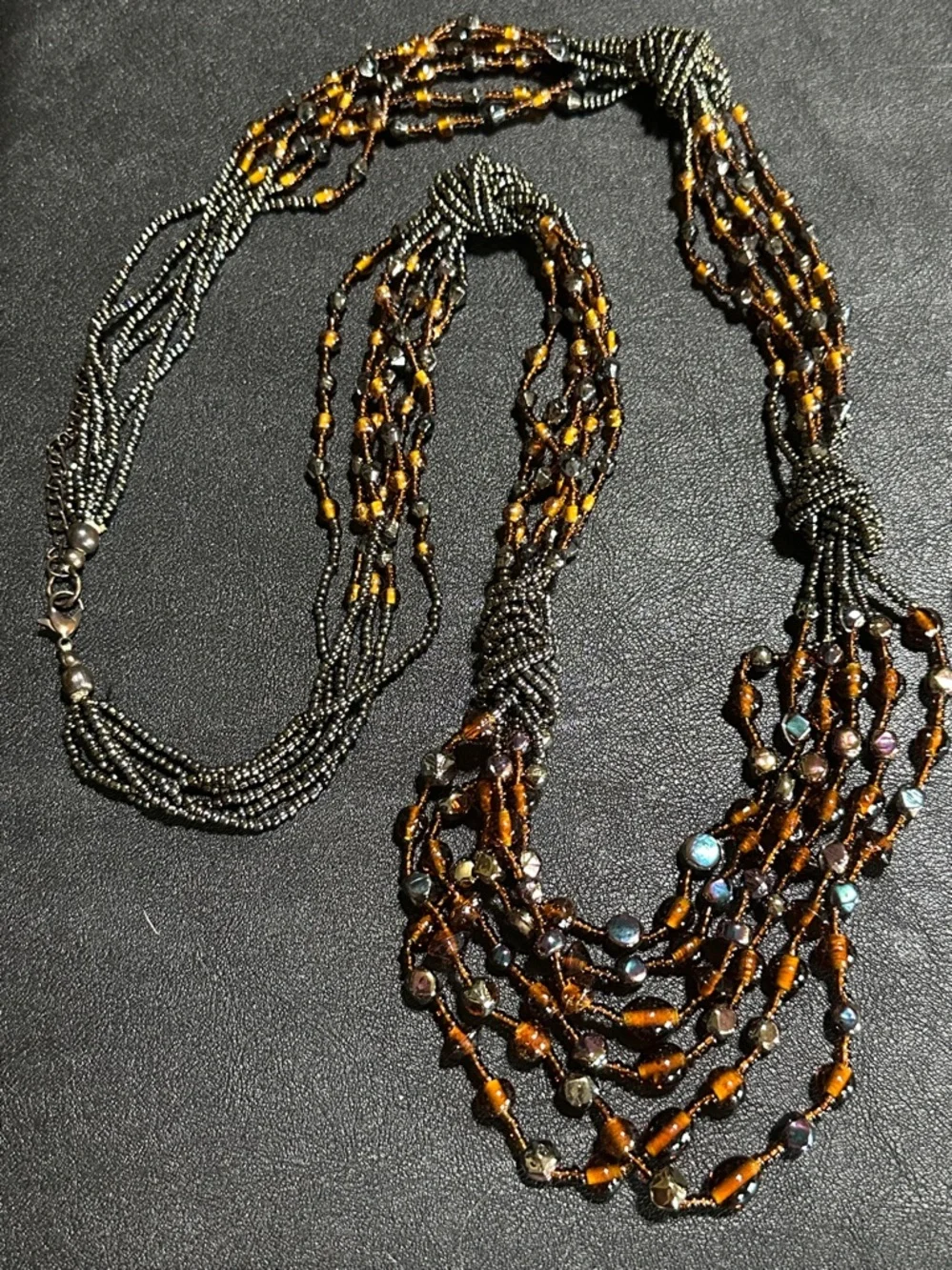 Multi-Strand Torsade Style Glass Brown, Amber & Iridescent Bead Necklace